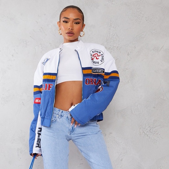 PrettyLittleThing Blue Oversized Slogan Zipped Racer Bomber Jacket - Picture 3 of 6